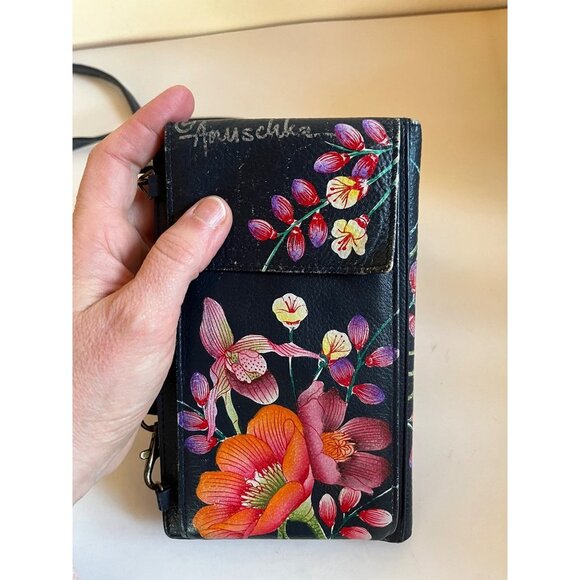 Anuschka Moonlit Meadow Floral Handpainted Leather Wallet Crossbody Bag Bifold - Picture 4 of 9